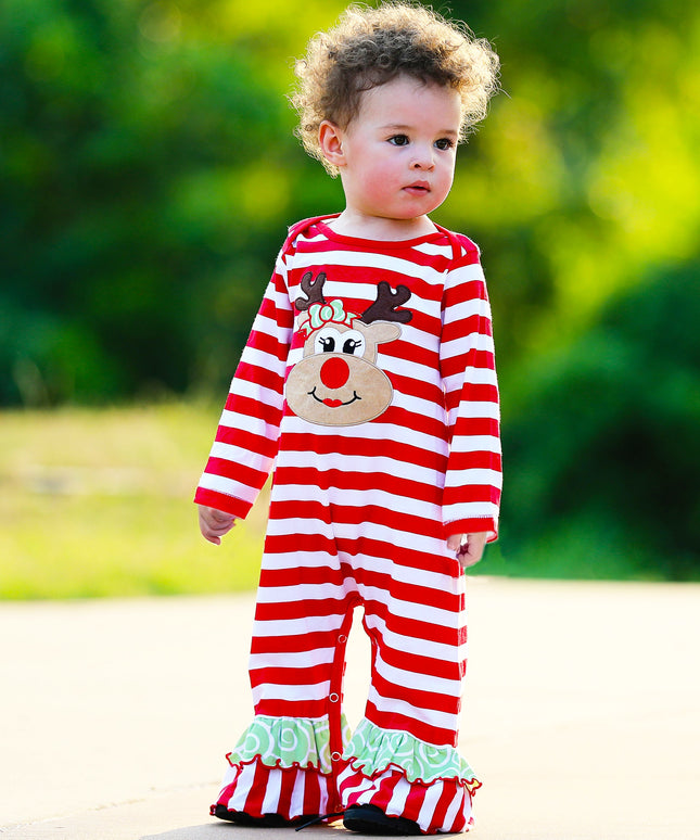 AnnLoren Baby Toddler Girls Boutique Christmas Reindeer Red Striped Romper