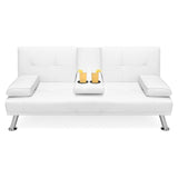 White Faux Leather Convertible Sofa Futon with 2 Cup Holders