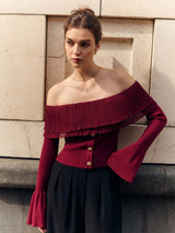 Off-Shoulder Ruffle Slim Sweater