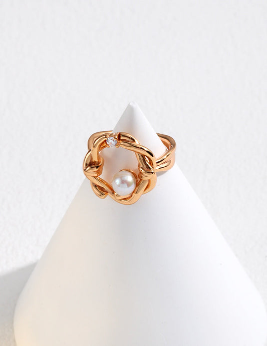 Twist Floral Pearl Open Ring-0