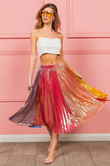 BiBi Metallic Color Block Pleats Midi Skirt