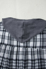 Plaid Quarter-Button Patchwork Long Sleeve Hooded Blouse