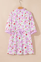 Floral Stripe Trim Frilled Neck 3/4 Sleeve Dress