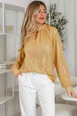 Solid Metallic Sequin Balloon Sleeve Blouse