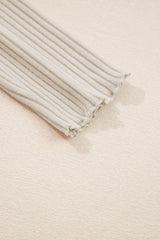 Solid Ribbed Lace Neckline Long Sleeve Top