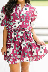 Floral Short Puff Sleeve Belted Mini Dress