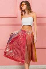 BiBi Metallic Color Block Pleats Midi Skirt