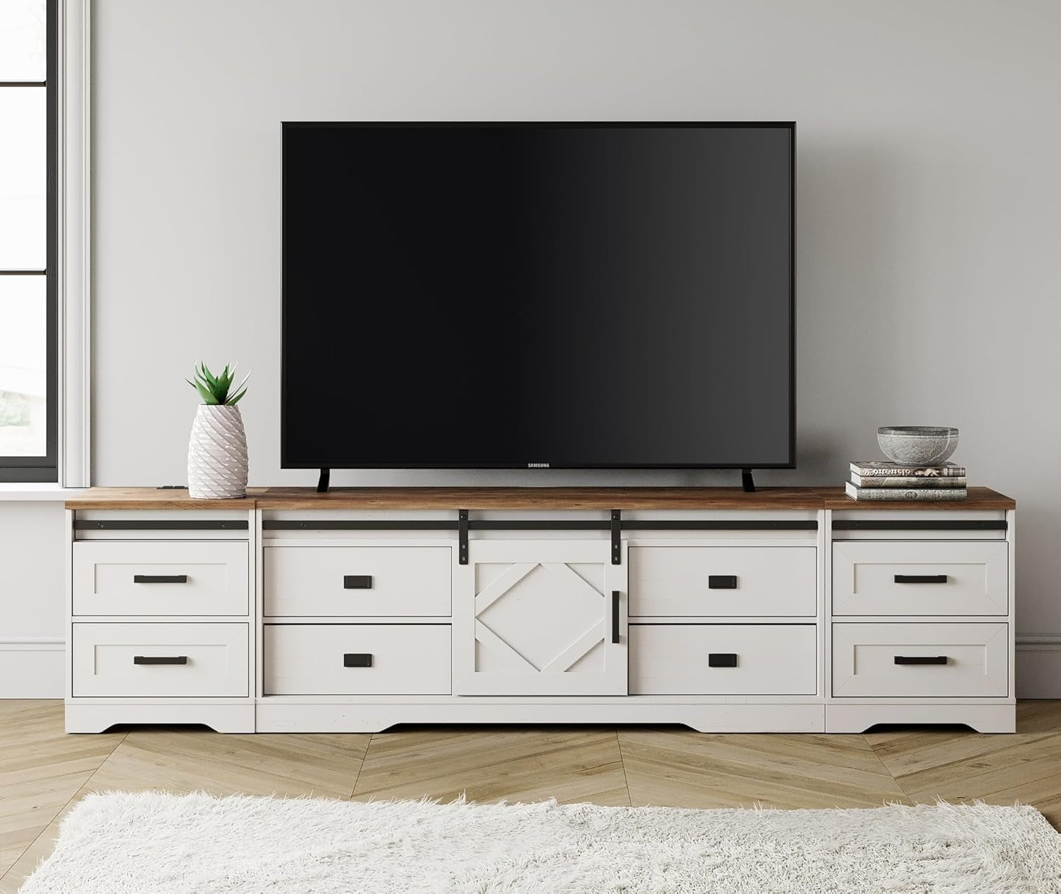 Farmhouse TV Stand with Charging Station and USB Ports for Tvs up to 110" Tvs,3 in 1 Wood Entertainment Center with 10 Drawers and Adjustable Shelves for Living Room,Antique White-2