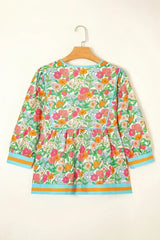 Green Floral Print Striped Trim Puff Sleeve Babydoll Blouse