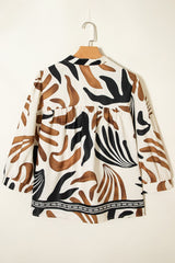 Abstract V-Neck Puff Sleeve Blouse