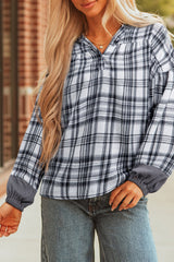 Plaid Quarter-Button Patchwork Long Sleeve Hooded Blouse