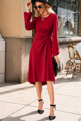 Solid Ruched Long Sleeve Midi Dress