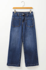 Denim High Waist Patch Pocket Straight Leg Jeans