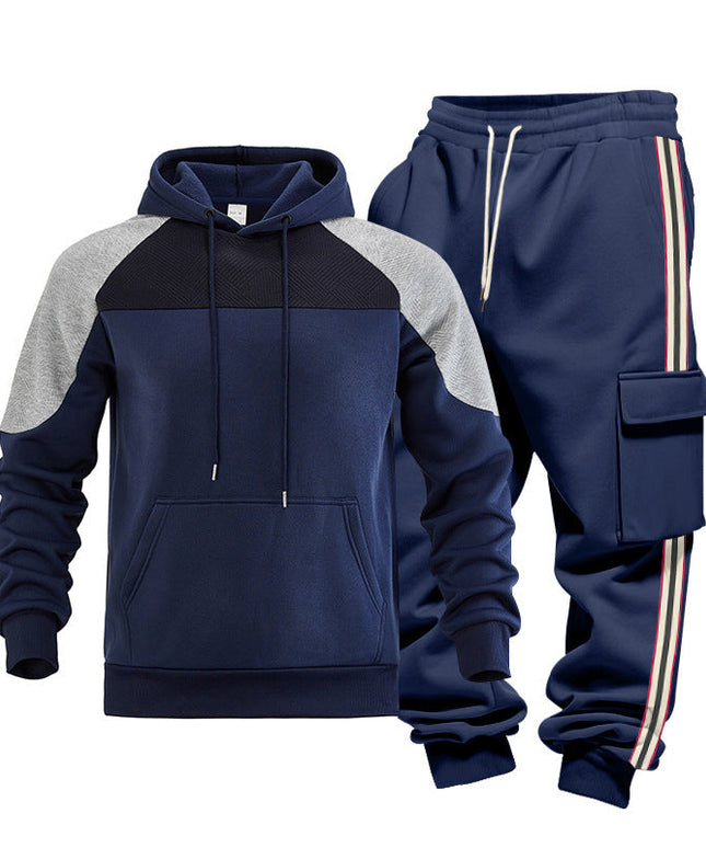 Loose Color-block Textured Hoodie And Sweatpants Casual Set