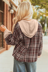 Plaid Quarter-Button Patchwork Long Sleeve Hooded Blouse