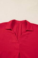 Plus Size Solid Collared V-Neck Smocked 3/4 Sleeve Top