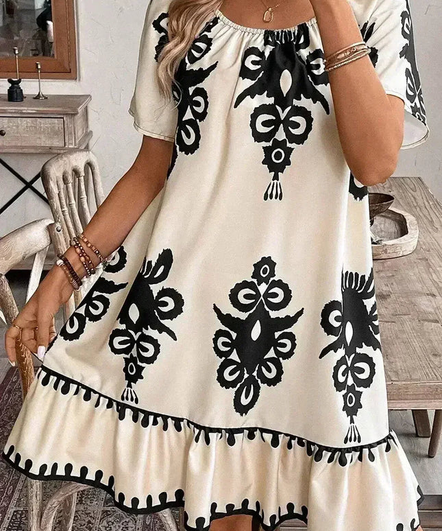 Apricot Ethnic Print Ruffle Hem Loose Mini Dress