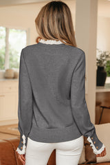 Lace Trim Patchwork Buttoned Cuff Sweater