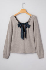 Bow Back Ribbed Knit V-Neck Drop Shoulder Top
