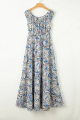 Blue Boho Paisley Print Off Shoulder Maxi Dress