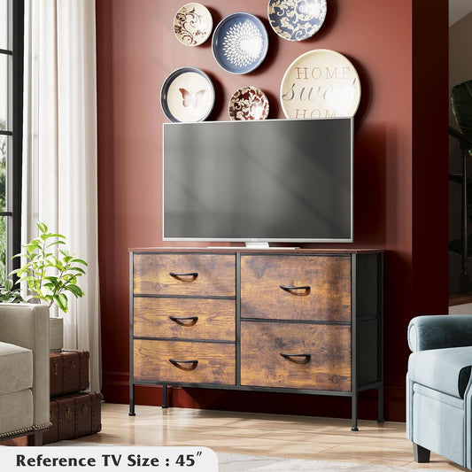 Dresser for Bedroom with 5 Drawers, Wide Bedroom Dresser with Drawer Organizers, Chest of Drawers, Fabric Dresser for Living Room, Closet, Hallway, Rustic Brown Wood Grain Print-1