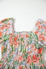 Apricot Pink Floral Knot Front Smocked Bubble Sleeve Dress