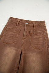 Denim High Waist Patch Pocket Straight Leg Jeans