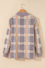 Plaid Button-Up Collared Fuzzy Cardigan