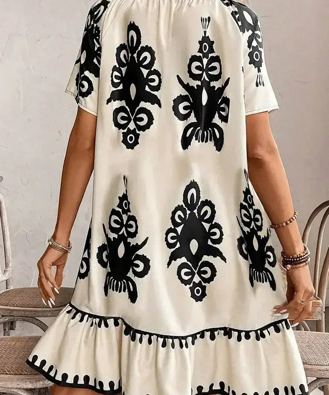 Apricot Ethnic Print Ruffle Hem Loose Mini Dress