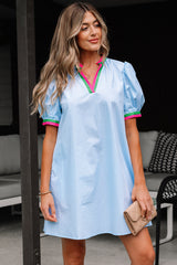 Lily Striped Notched V Neck Puff Sleeve Mini Dress