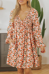 Floral Smocked V-Neck Bubble Sleeve Babydoll Dress