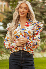 Apricot Ruffled Shoulder Long Sleeve Floral Blouse