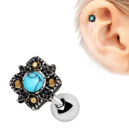 316L Stainless Steel Square Filigree Cartilage Earring with Turquoise-0