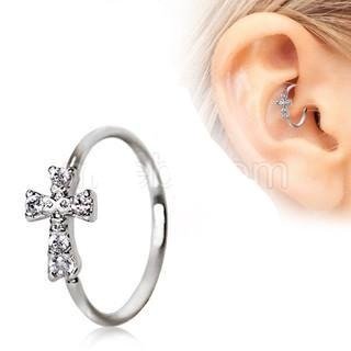 316L Stainless Steel Jeweled Cross Cartilage Earring / Nose Hoop Ring-0