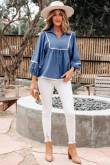 Solid Lace Ric-Rac 3/4 Sleeve Babydoll Blouse