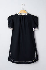 Leopard Trim Short Puff Sleeve Mini Dress