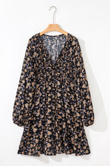 Floral Smocked V-Neck Bubble Sleeve Babydoll Dress