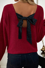 Bow Back Ribbed Knit V-Neck Drop Shoulder Top
