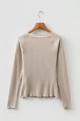 Solid Ribbed Lace Neckline Long Sleeve Top