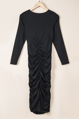 Solid Ruched Wrap V-Neck Midi Dress