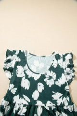 Dark Green Floral Print Ruffle Sleeve Empire Waist Mini Dress