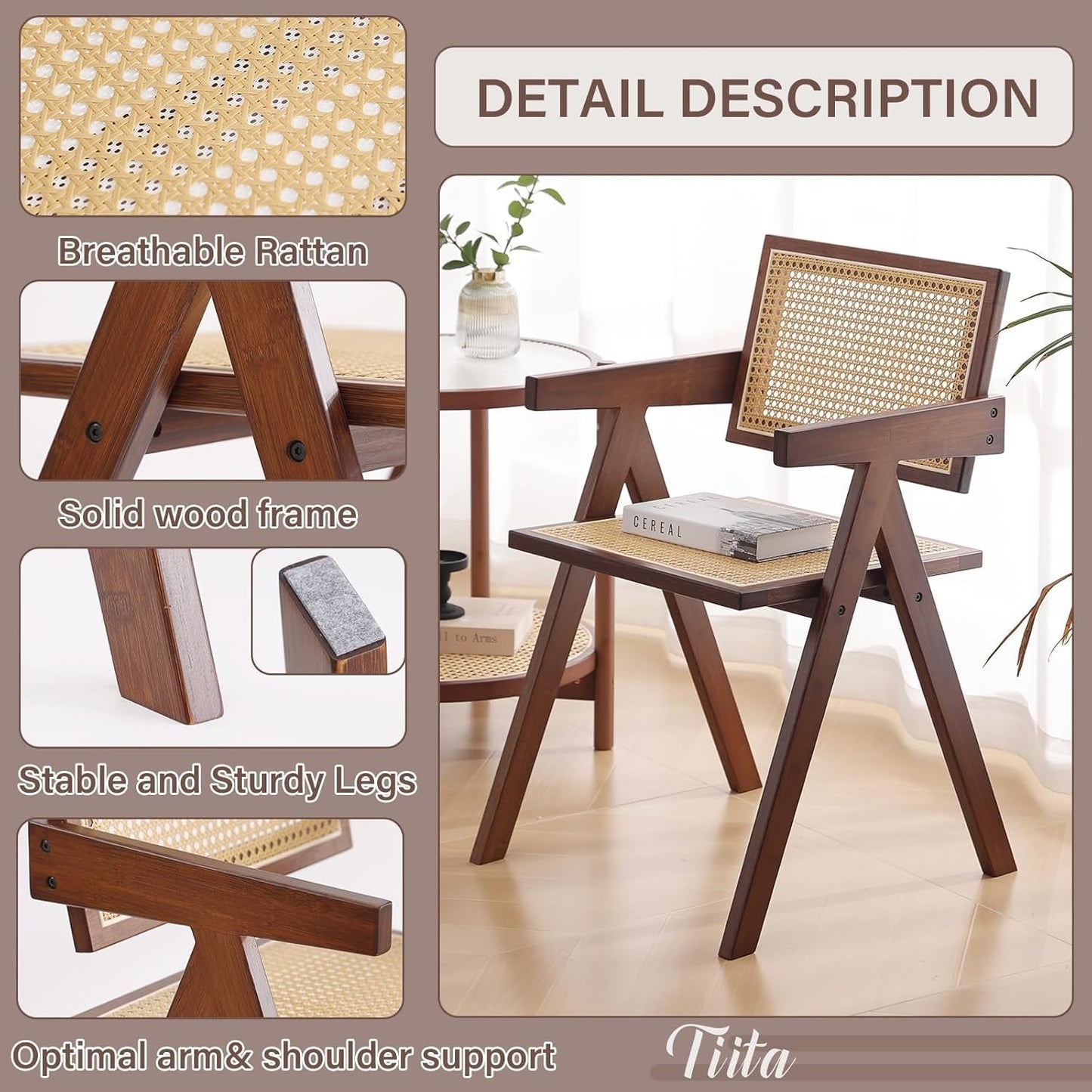 Rattan Dining Chairs Set of 2, Mid Century Modern Armchairs, Wooden Kitchen Chairs for Dining Room, Living Room, Walnut-4