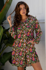 Floral Split Neck Bubble Sleeve Shift Mini Dress