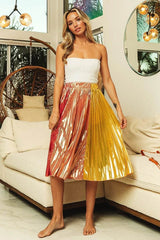 BiBi Metallic Color Block Pleats Midi Skirt