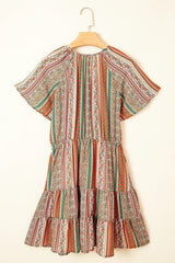 Red Bohemian Floral Print Buttoned V Neck Ruffle Tiered Dress