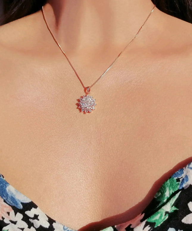 Diamond Sunflower Pendant Necklace 18 Karats Gold Plated