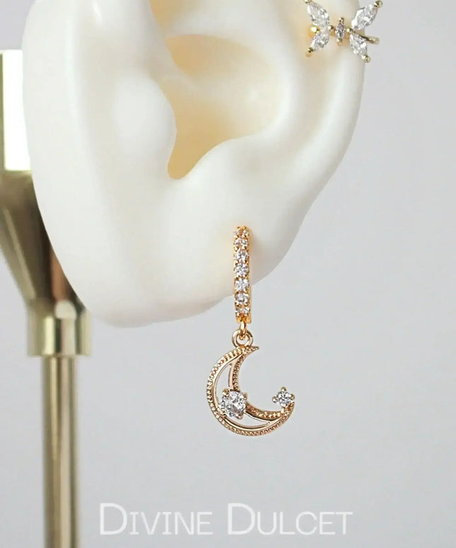 Moon Hoop Earrings - 24K Gold & Cubic Zirconia | Femstylo