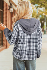 Plaid Quarter-Button Patchwork Long Sleeve Hooded Blouse