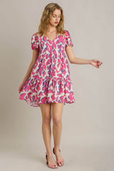 Umgee Full Size Abstract Print Pleat Detail Short Sleeve V-Neck Tiered Dress Plus Size