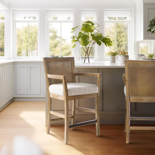 Diedra, Counter Stool Kitchen Island Counter Stool, Natural Cane Backrest, Solid Wood Legs, Upholstered Seat, Counter Height Stool for Kitchen Island Stool, 38" H, Reclaimed Natural-1